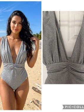NWT BOAMAR Sexy One Piece Silver Metallic Swimsuit size s